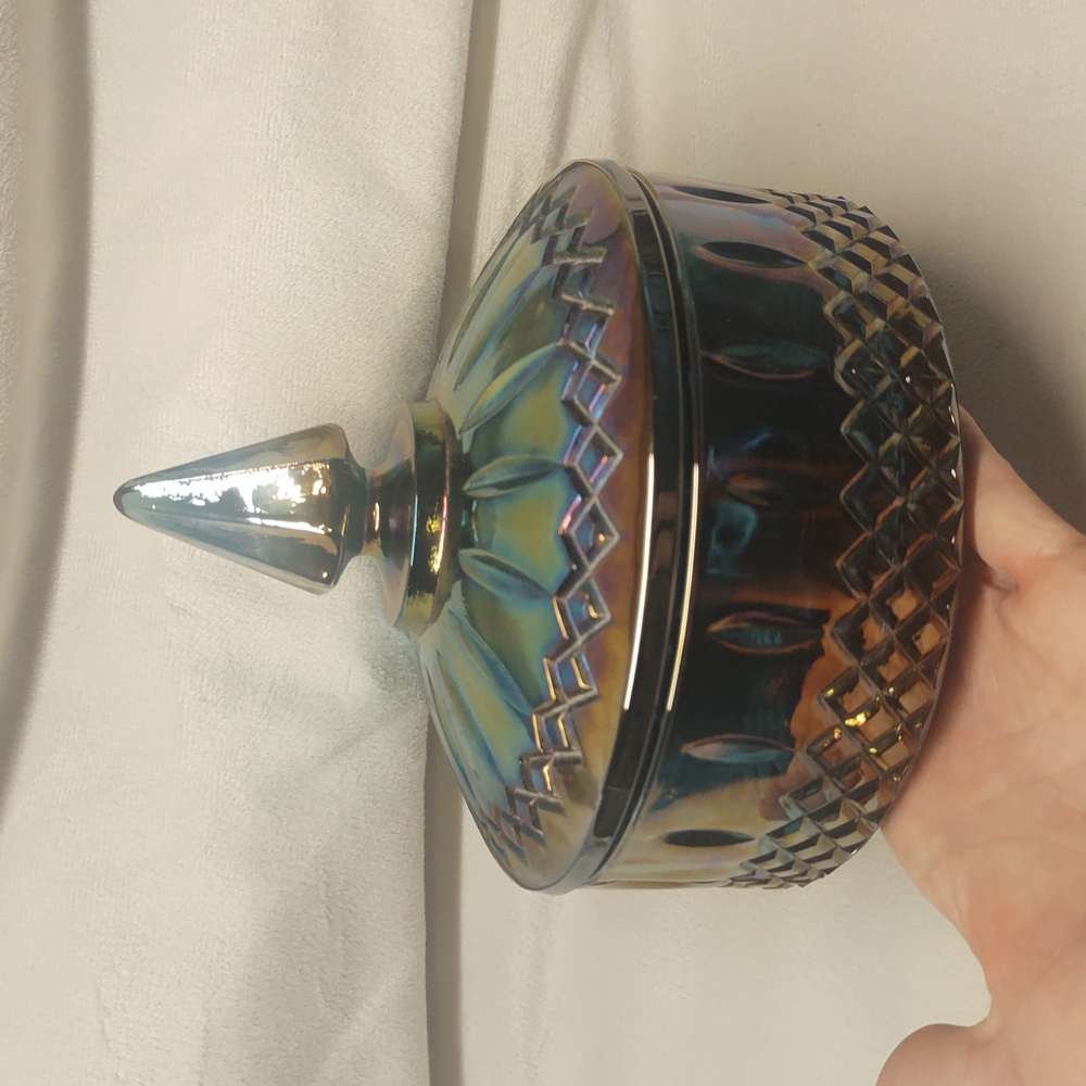 Vintage Candy Dish With Lid Iridescent Blue Rainbow Carnival Glass 1960s EUC - Picture 3 of 12